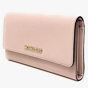 Michael Kors Women's Jet Set Travel Large Trifold Wallet Powder Blush w/ Silver
